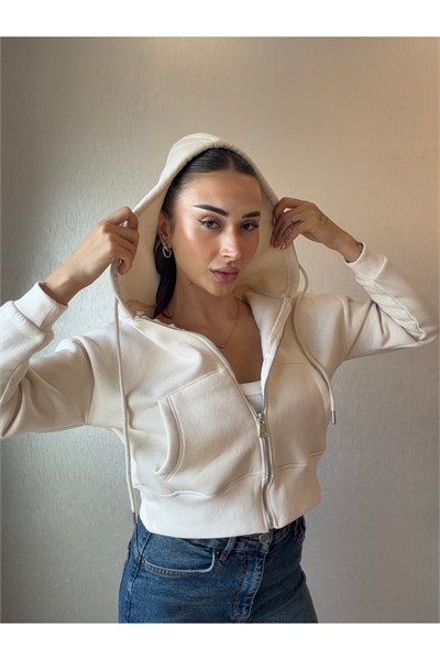 Üç İplik Kapşonlu Fermuarlı Sweatshirt
