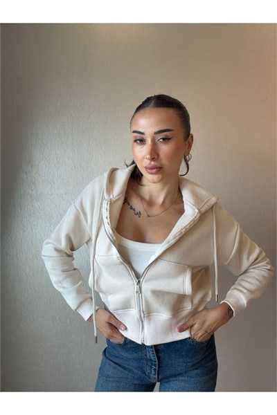 Üç İplik Kapşonlu Fermuarlı Sweatshirt