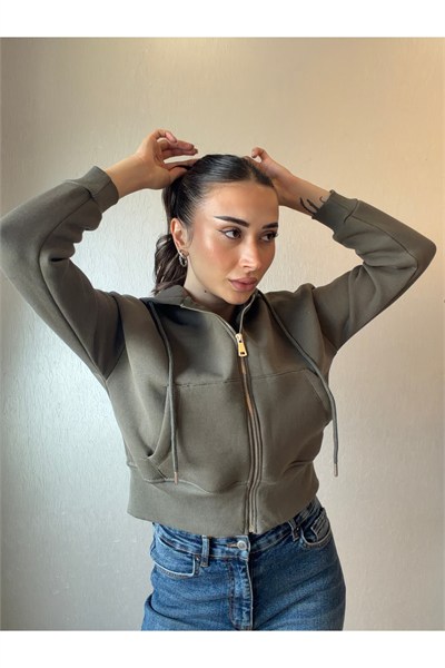 Üç İplik Kapşonlu Fermuarlı Sweatshirt