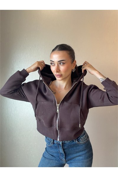 Üç İplik Kapşonlu Fermuarlı Sweatshirt