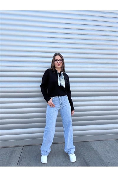 Yüksek Bel Taş Detaylı Wide Leg Açık Mavi Jean Pantolon