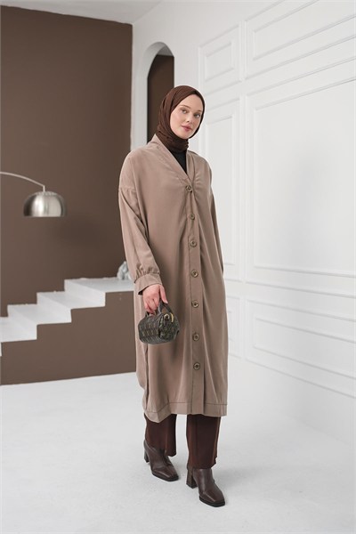 Boydan Düğmeli Tencel Kap - Açık Kahve