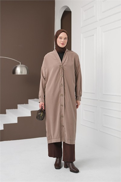 Boydan Düğmeli Tencel Kap - Açık Kahve