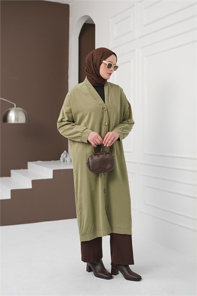 Boydan Düğmeli Tencel Kap - Haki