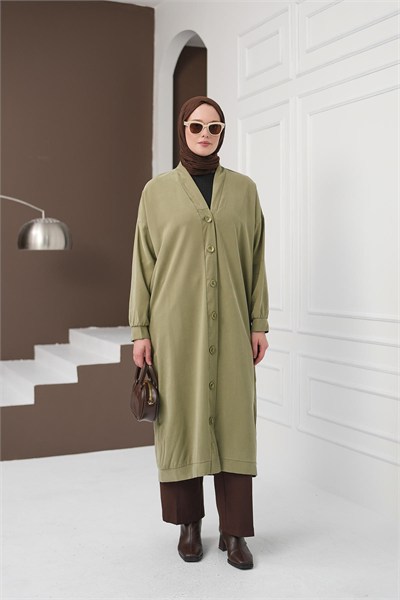 Boydan Düğmeli Tencel Kap - Haki
