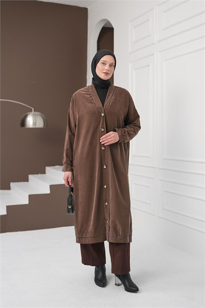Boydan Düğmeli Tencel Kap - Kahverengi