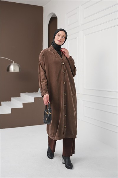 Boydan Düğmeli Tencel Kap - Kahverengi