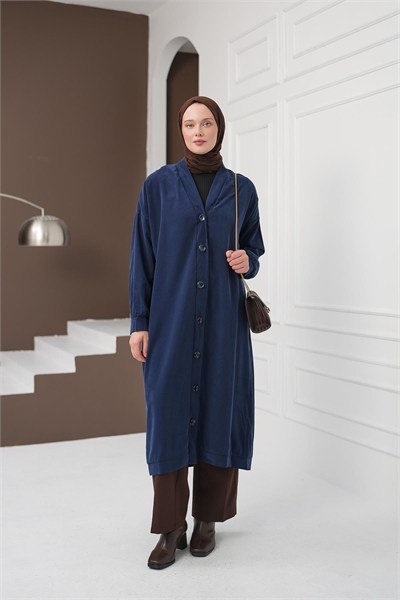 Boydan Düğmeli Tencel Kap - Lacivert