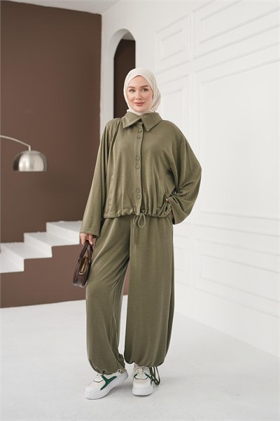 Büzgü Detaylı Pantolon Takım - Haki