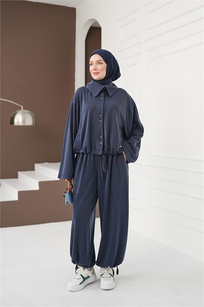 Büzgü Detaylı Pantolon Takım - Lacivert