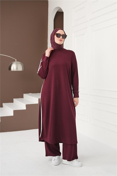 Çizgi Detaylı Uzun Pantolon Takım - Bordo