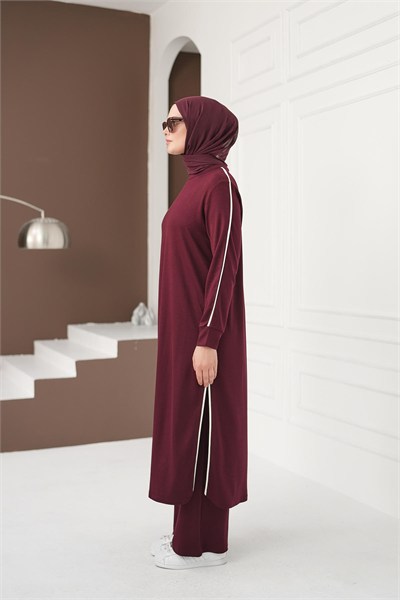 Çizgi Detaylı Uzun Pantolon Takım - Bordo
