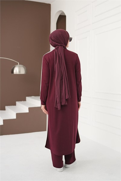 Çizgi Detaylı Uzun Pantolon Takım - Bordo