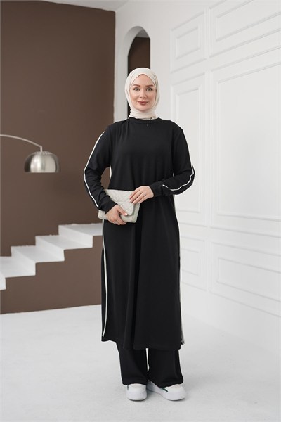 Çizgi Detaylı Uzun Pantolon Takım - Siyah