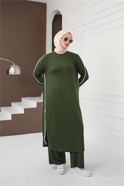 Çizgi Detaylı Uzun Pantolon Takım - Yeşil