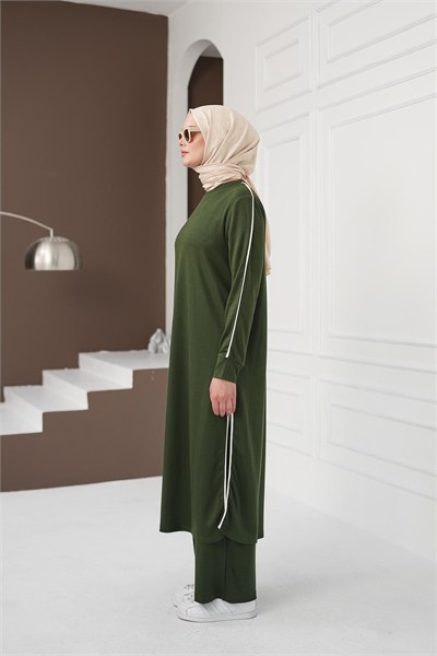 Çizgi Detaylı Uzun Pantolon Takım - Yeşil