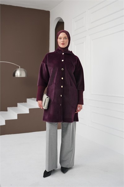 Düğmeli Cepli Fox Hırka - Mürdüm