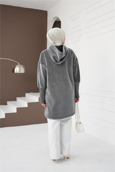 Fermuarlı Cepli Fox Hırka - Gri