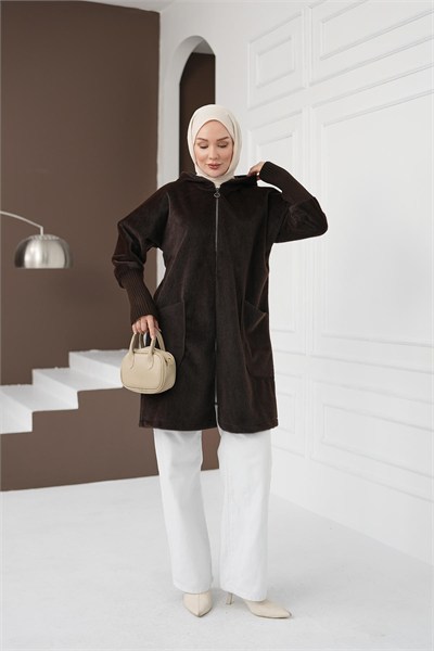 Fermuarlı Cepli Fox Hırka - Kahverengi