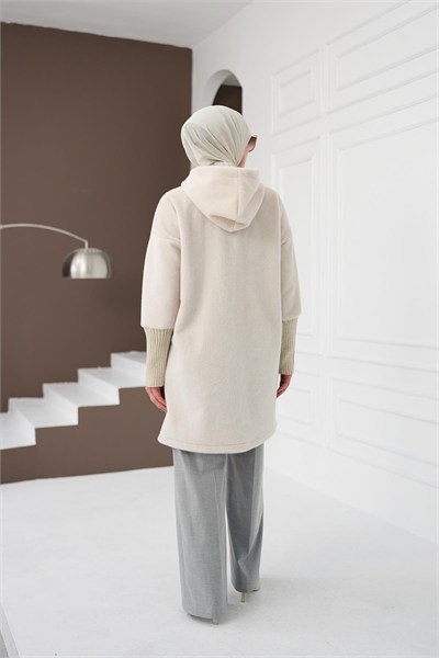 Fermuarlı Cepli Fox Hırka - Krem