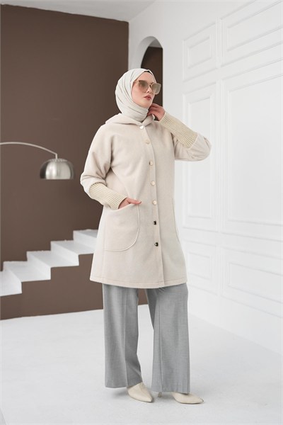 Fermuarlı Cepli Fox Hırka - Krem
