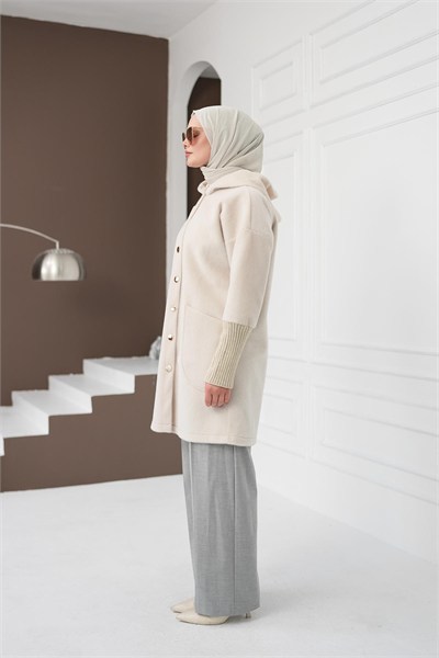 Fermuarlı Cepli Fox Hırka - Krem