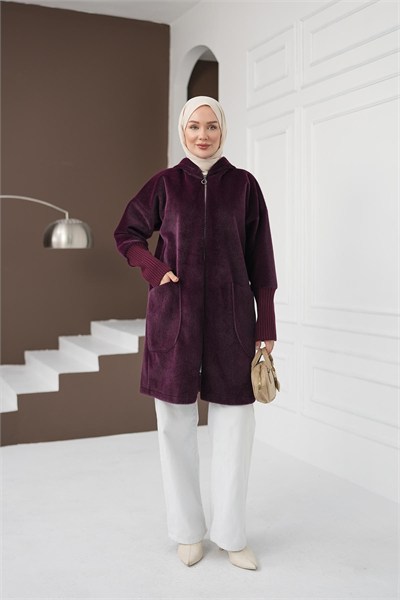 Fermuarlı Cepli Fox Hırka - Mürdüm