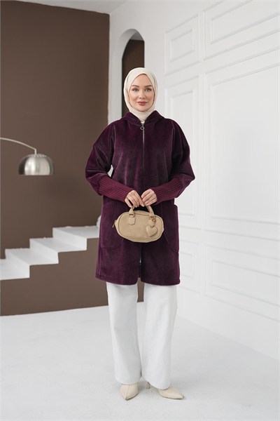 Fermuarlı Cepli Fox Hırka - Mürdüm