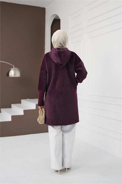 Fermuarlı Cepli Fox Hırka - Mürdüm