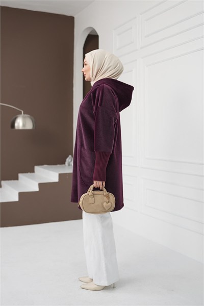 Fermuarlı Cepli Fox Hırka - Mürdüm