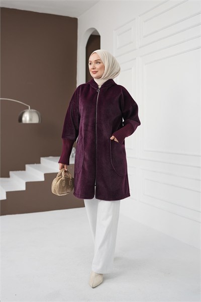 Fermuarlı Cepli Fox Hırka - Mürdüm