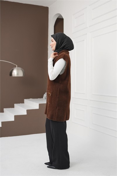 Fermuarlı Cepli Yumoş Yelek - Kahverengi