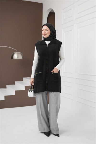 Fermuarlı Cepli Yumoş Yelek - Siyah