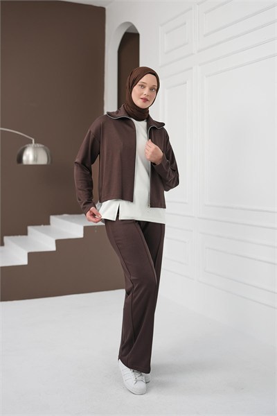 Fermuarlı Üçlü Pantolon Takım - Kahverengi