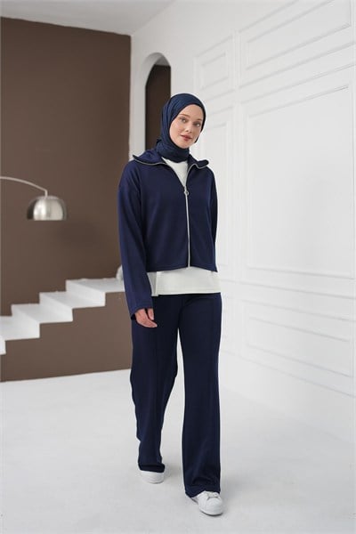 Fermuarlı Üçlü Pantolon Takım - Lacivert