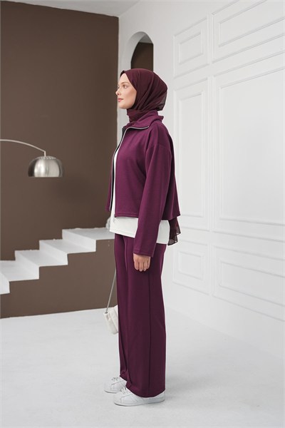 Fermuarlı Üçlü Pantolon Takım - Mürdüm