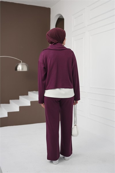 Fermuarlı Üçlü Pantolon Takım - Mürdüm