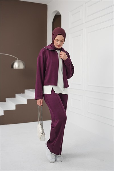 Fermuarlı Üçlü Pantolon Takım - Mürdüm
