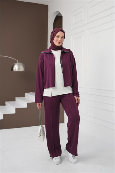 Fermuarlı Üçlü Pantolon Takım - Mürdüm