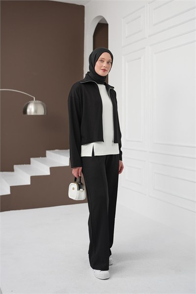 Fermuarlı Üçlü Pantolon Takım - Siyah