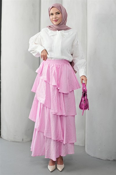 Fırfır Detaylı Çingene Model Etek - Pembe