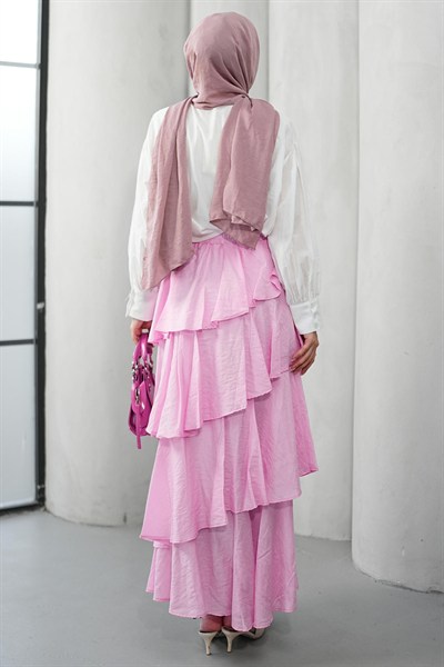 Fırfır Detaylı Çingene Model Etek - Pembe