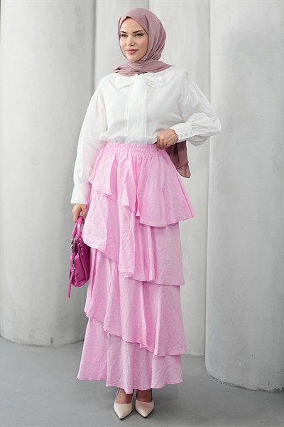 Fırfır Detaylı Çingene Model Etek - Pembe