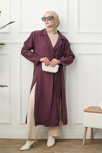 Gömlek Yaka Yırtmaçlı Kimono Kap - Bordo