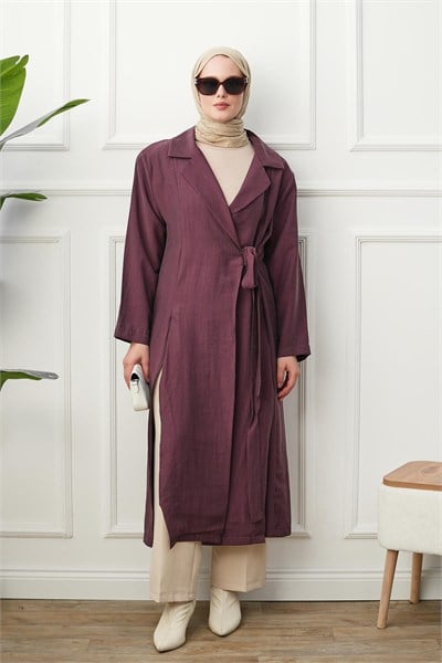 Gömlek Yaka Yırtmaçlı Kimono Kap - Bordo