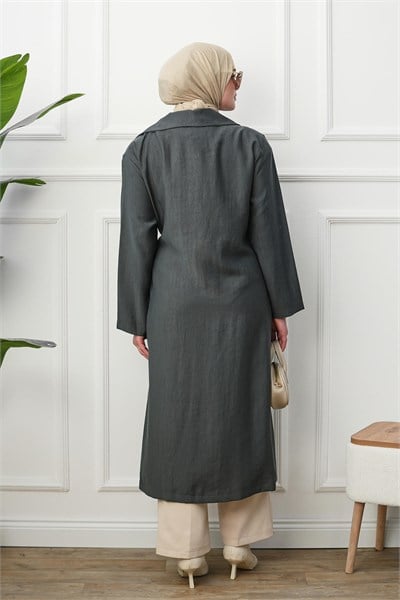 Gömlek Yaka Yırtmaçlı Kimono Kap - Gri
