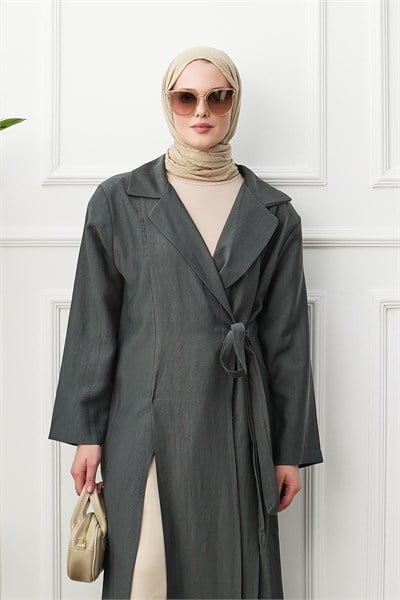 Gömlek Yaka Yırtmaçlı Kimono Kap - Gri