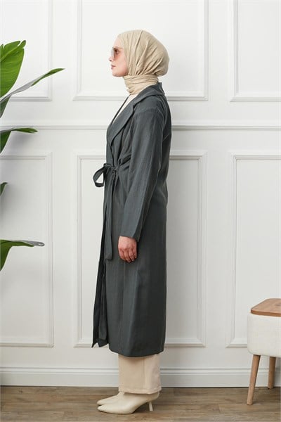 Gömlek Yaka Yırtmaçlı Kimono Kap - Gri