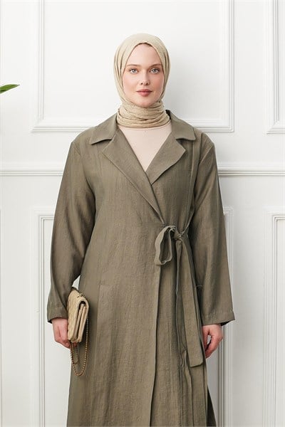 Gömlek Yaka Yırtmaçlı Kimono Kap - Haki