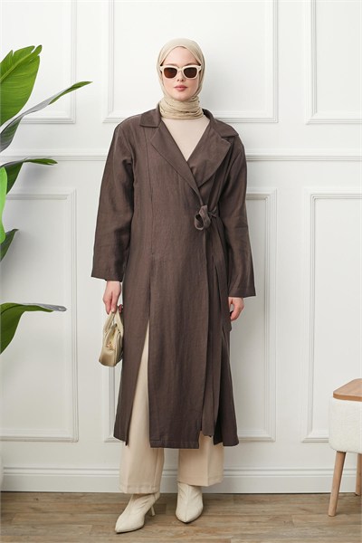 Gömlek Yaka Yırtmaçlı Kimono Kap - Kahverengi